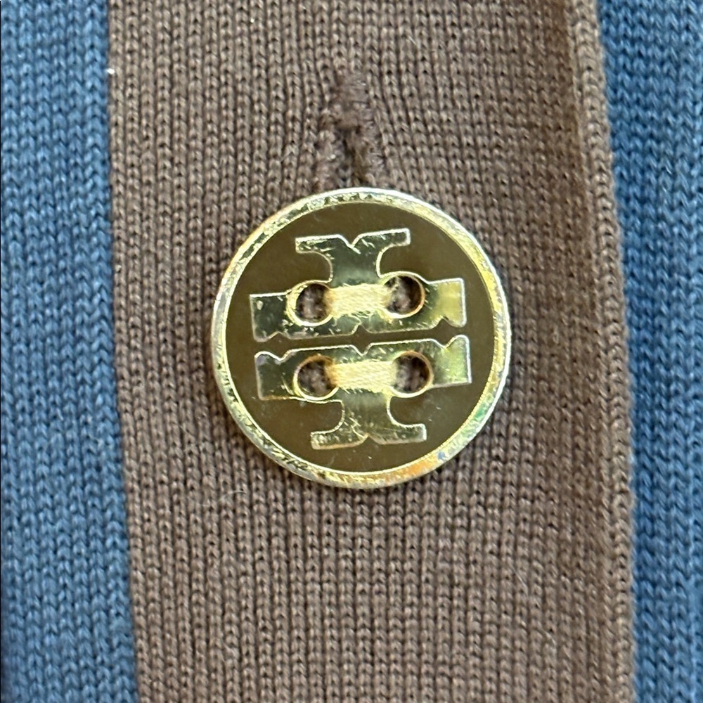 Tory Burch Simone Navy Brown Ribbed 100% Cotton V Neck Button Knit Cardigan S - Picture 7 of 13